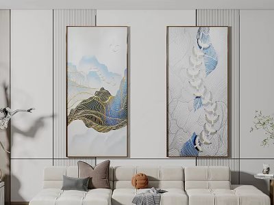 Modern Minimalist Living Room With Two Decorative Paintings Featuring Mountain And Cloud Elements 3d model