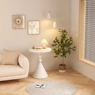 White Cone Shaped Side Table with Lamp and Lemon Tree in Cozy Living Room with Sofa 3d model