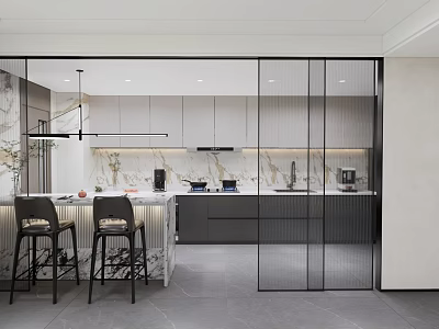 Modern Kitchen Interior With Marble Island Cabinets Bar Stools And Hanging Lights 3d model