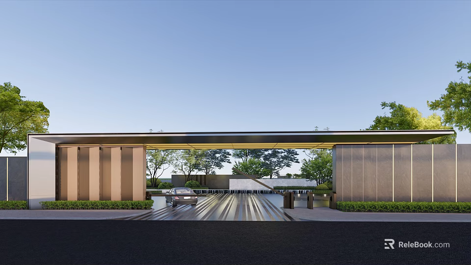 Modern Outdoor Feature Wall Design With Stone Cladding And Water Feature Landscaping 3d model