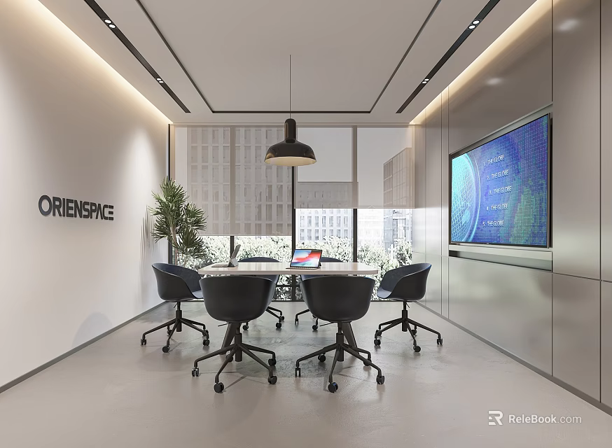 Modern Conference Room With Round Table Black Chairs Large Screen And ORIENSYSTEM Logo 3d model 