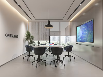 Modern Conference Room With Round Table Black Chairs Large Screen And ORIENSYSTEM Logo 3d model