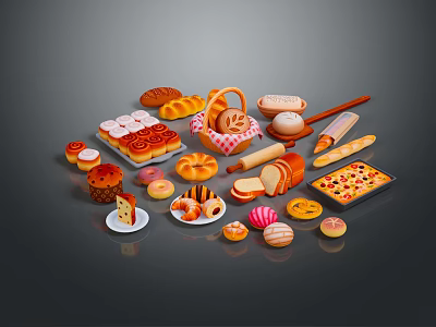 Fresh Assorted Baked Goods with Bread Pastries Donuts Pizza Bread Basket and Rolling Pin 3d model