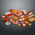 Fresh Assorted Baked Goods with Bread Pastries Donuts Pizza Bread Basket and Rolling Pin