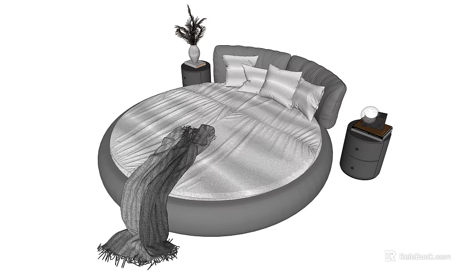 Cozy Round Bed With White Bed Sheets Soft Pillows And Side Wooden Nightstands 3d model 