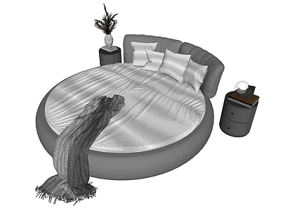 Cozy Round Bed With White Bed Sheets Soft Pillows And Side Wooden Nightstands 3d model
