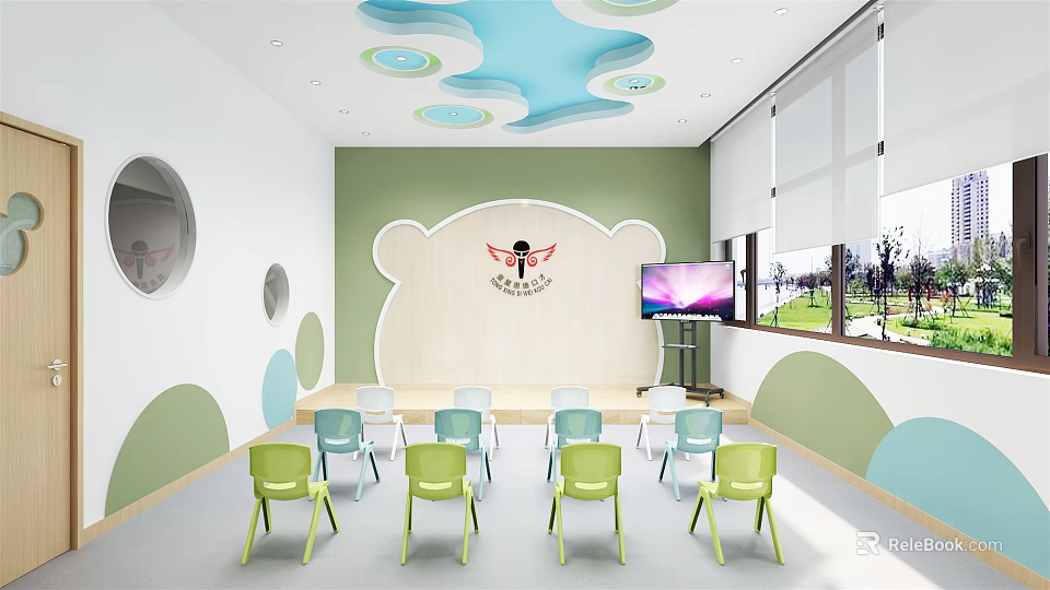 Kindergarten Classroom With Green White Walls Cartoon Bear Backdrop Cloud Ceiling And Colorful Chairs 3d model 