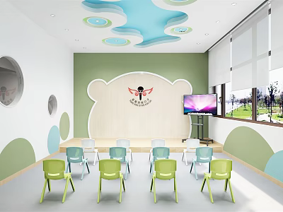 Kindergarten Classroom With Green White Walls Cartoon Bear Backdrop Cloud Ceiling And Colorful Chairs 3d model
