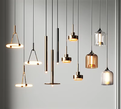 Modern Pendant Lights With Various Metal And Glass Designs Hanging Illuminated 3d model