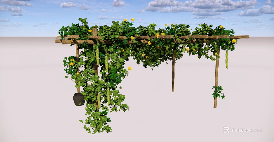 Wooden Pergola Covered With Green Vines And Yellow Flowers In Outdoor Garden 3d model 