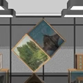 Modern Interior Exhibition Hall With Wooden Display Stands Artwork Replicas And Wall Paintings