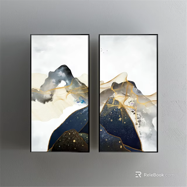 Modern Abstract Landscape Paintings With Golden Lines Ink Wash Effect Deep Blue And White Background 3d model 