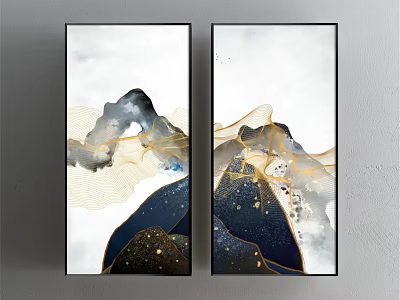 Modern Abstract Landscape Paintings With Golden Lines Ink Wash Effect Deep Blue And White Background 3d model