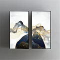 Modern Abstract Landscape Paintings With Golden Lines Ink Wash Effect Deep Blue And White Background