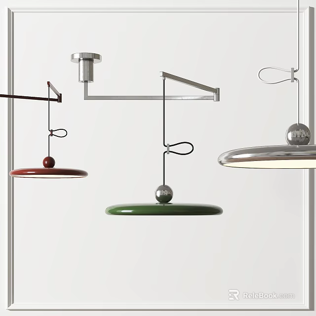 Modern Pendant Lights With Red Green Silver Disc Shapes And Minimalist Hanging Design 3d model 