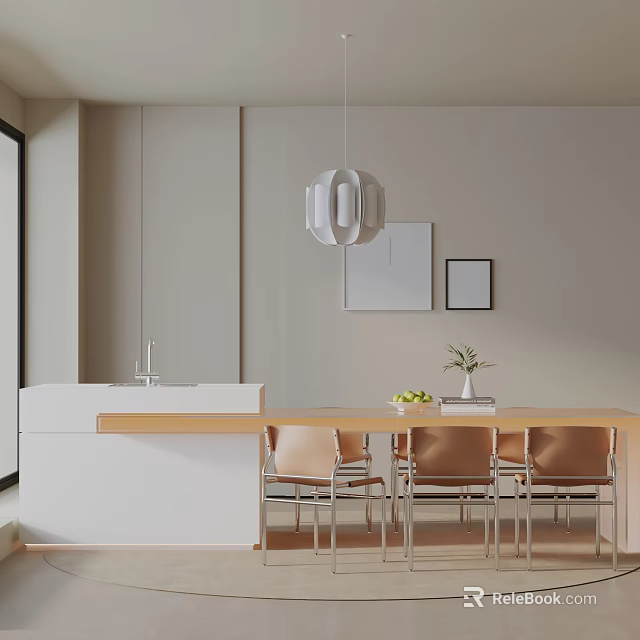Modern Open Kitchen Dining Table Set With Light Brown Chairs Fruit Vase And Pendant Light 3d model