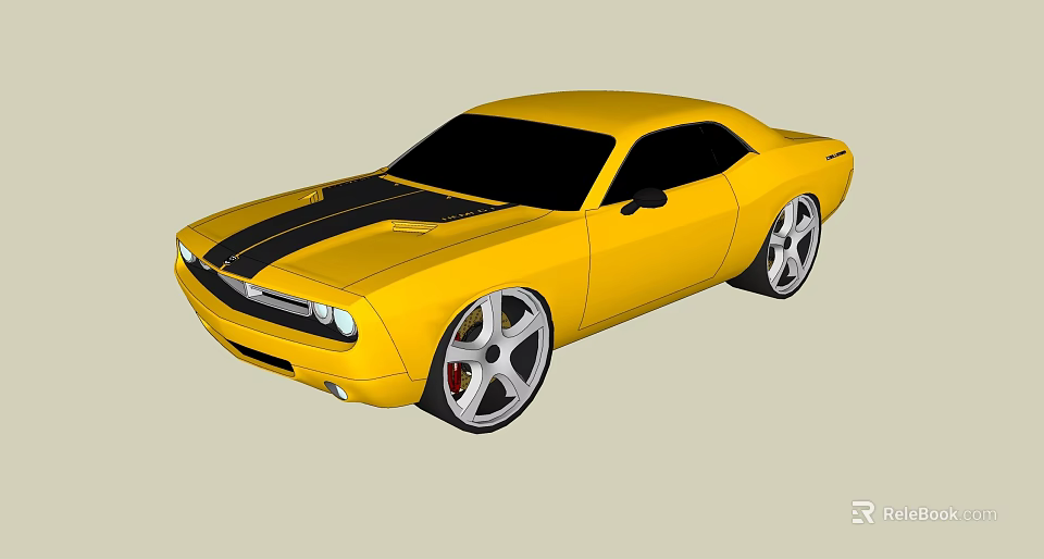 Yellow Classic Muscle Car With Black Racing Stripes And Large Alloy Wheels 3d model 