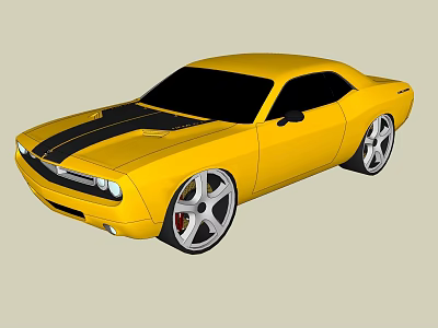 Yellow Classic Muscle Car With Black Racing Stripes And Large Alloy Wheels 3d model