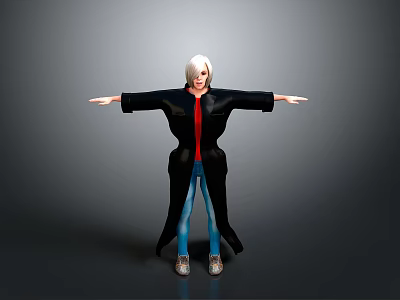 White Haired Woman in Black Long Coat Red Top and Blue Jeans with Arms Outstretched 3d model