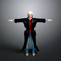 White Haired Woman in Black Long Coat Red Top and Blue Jeans with Arms Outstretched