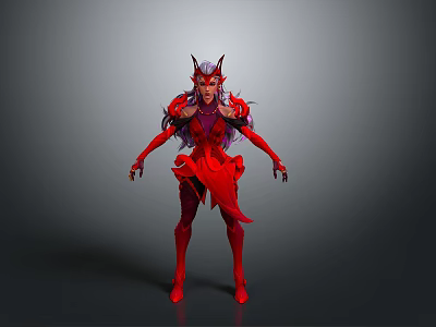 Fantasy Demon Character Red Outfit With Horns And Purple Shoulder Decorations 3d model