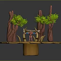 Sci Fi Scene Featuring Circular Wooden Platform Alien Red Tree Trunks Green Foliage And Character 3d model
