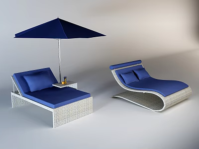 Outdoor Wicker Lounge Chairs With Blue Cushions White Frame And Umbrella 3d model