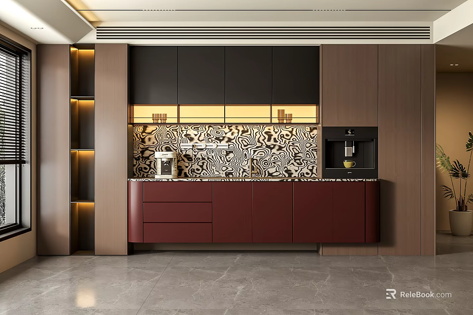Modern Wine Cabinet With Patterned Backsplash LED Lighting And Dark Wood Storage 3d model 