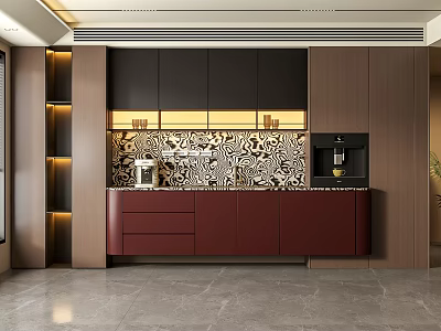 Modern Wine Cabinet With Patterned Backsplash LED Lighting And Dark Wood Storage 3d model