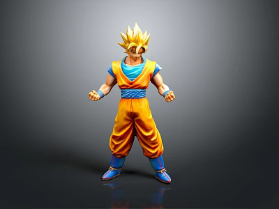 Anime Game Character With Golden Spiky Hair Blue Shirt Orange Pants And Standing Pose 3d model