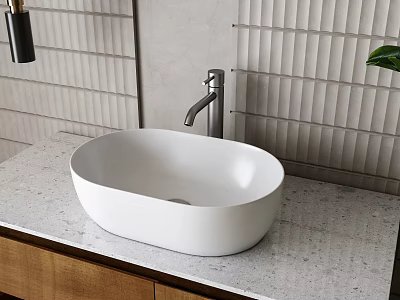 White Oval Vessel Sink On Marble Countertop With Silver Faucet And Vertical Striped Tile Wall 3d model