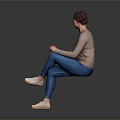 Casual Woman Sitting With Crossed Legs Holding Coffee Cup On Dark Background