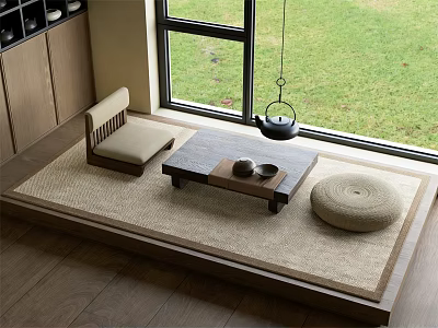 Japanese Style Wooden Tea Table And Chairs On Tatami Mat With Green Lawn View 3d model