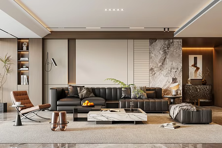 Italian Light Luxury Home Living Room Black Leather Sofa Coffee Table Non-main Lamp Advanced Grey Living Room Living Room Sofa Background Wall Leisure Chair Floor Lamp 3d model