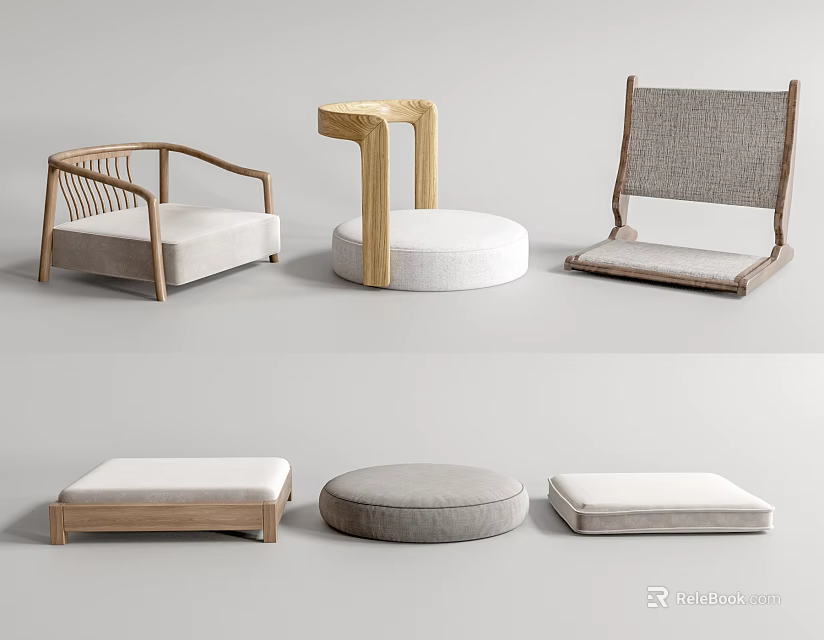 Modern Wooden Living Room Furniture With Fabric Chairs Stools And Cushions 3d model 