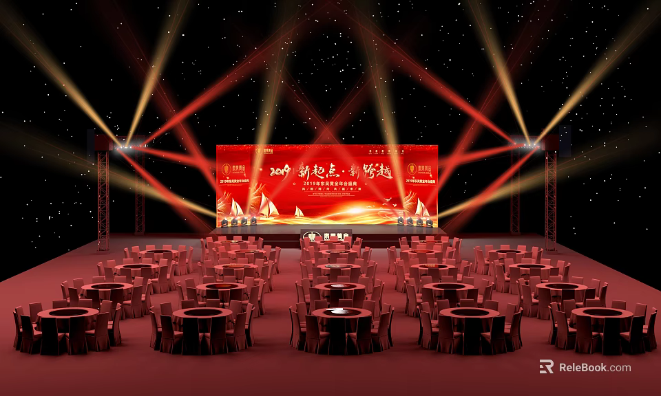 Ceremony Stage Setup With Red Backdrop Lighting And Round Tables Chairs 3d model