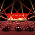 Ceremony Stage Setup With Red Backdrop Lighting And Round Tables Chairs 3d model