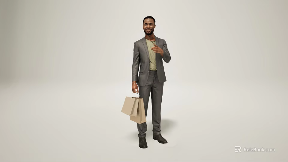 The Man Wearing Gray Suit Light Green T-shirt Holding Shopping Bags Giving Thumbs Up Smiling 3d model