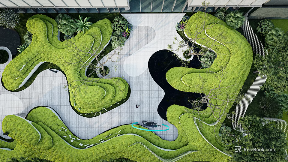 Modern Garden Landscape Design With Curved Green Lawns Stone Pathways And Water Features 3d model 