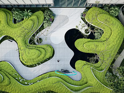 Modern Garden Landscape Design With Curved Green Lawns Stone Pathways And Water Features 3d model