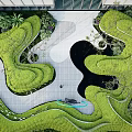 Modern Garden Landscape Design With Curved Green Lawns Stone Pathways And Water Features