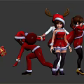 Animated Game Characters in Santa Outfits with Christmas Hats Reindeer Antlers Gift Boxes and Skates