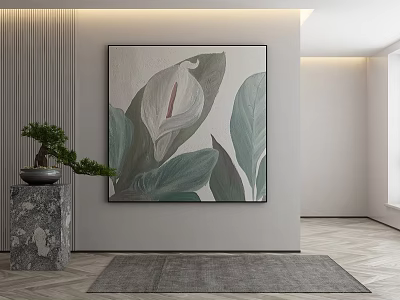 Modern Botanical Painting With Green Leaves And White Flowers For Interior Wall Decor 3d model