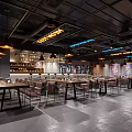 Modern Restaurant Interior With Long Tables Wooden Chairs And Pendant Lights