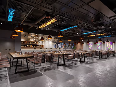Modern Restaurant Interior With Long Tables Wooden Chairs And Pendant Lights 3d model