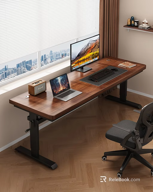 Wooden Computer Desk With Laptop Monitor Keyboard Speaker And Office Chair 3d model 