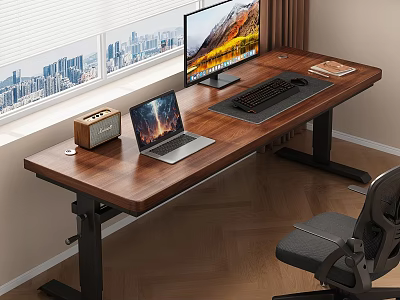 Wooden Computer Desk With Laptop Monitor Keyboard Speaker And Office Chair 3d model