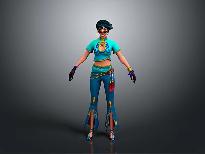 3D Female Character In Blue Outfit With Yellow Patterns Red Decorations And Black Gloves 3d model