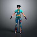 3D Female Character In Blue Outfit With Yellow Patterns Red Decorations And Black Gloves