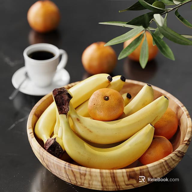 Fresh Ripe Bananas and Juicy Oranges in Natural Wooden Bowl on Table 3d model 